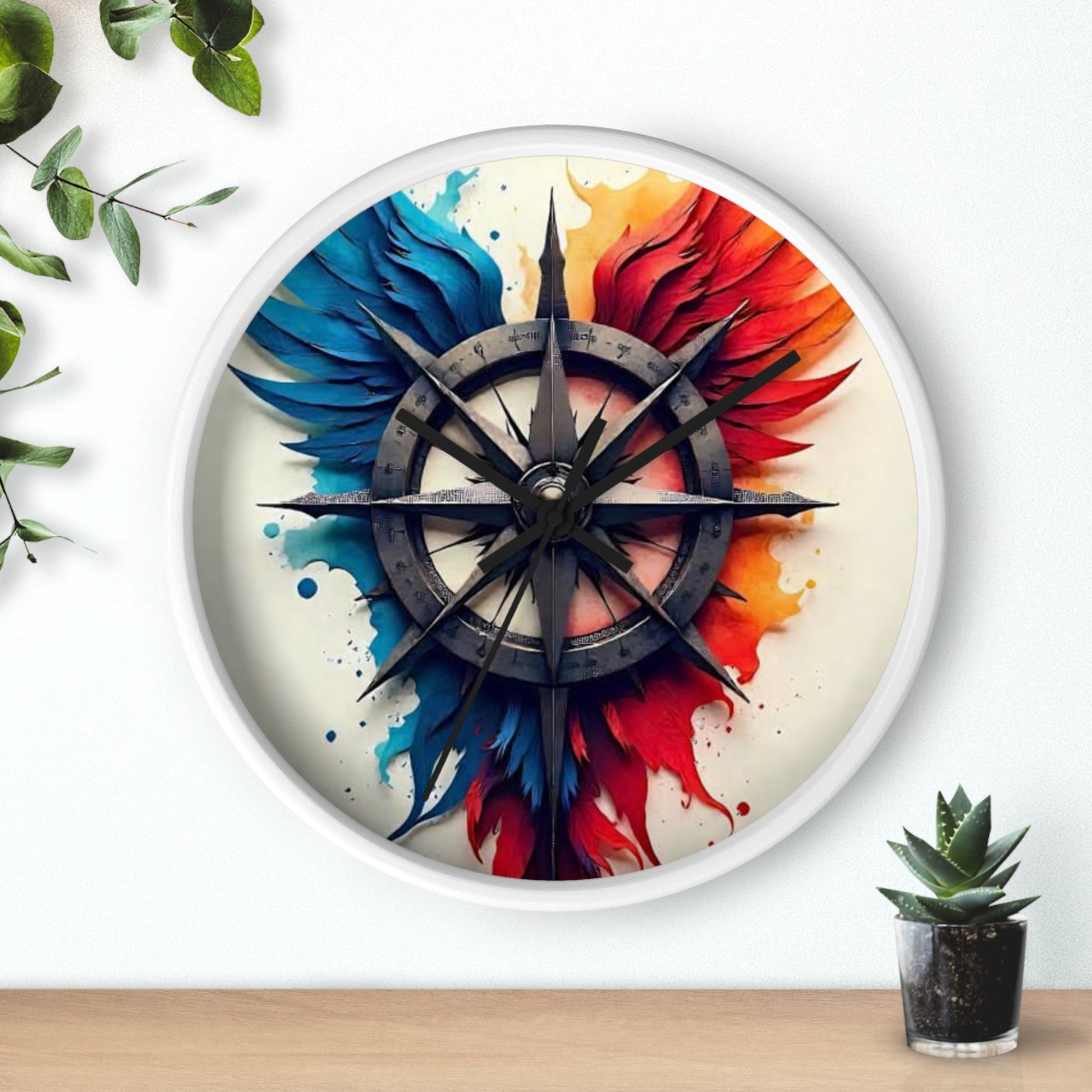 Vibrant Artistic Wall Clock with Compass Design, Home Decor, Unique Gift, Modern Clock, Colorful Wall Art, Timeless Decor