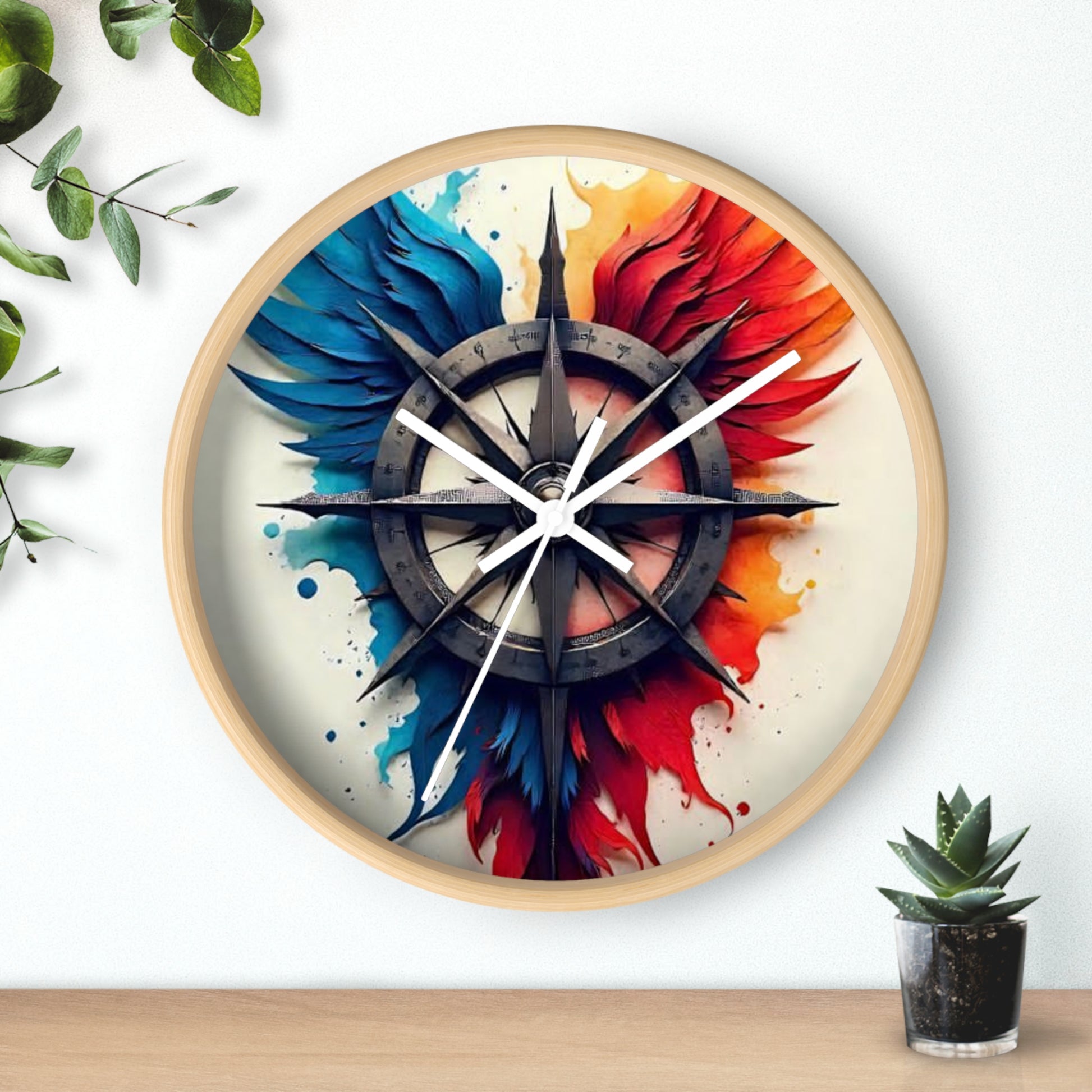 Vibrant Artistic Wall Clock with Compass Design, Home Decor, Unique Gift, Modern Clock, Colorful Wall Art, Timeless Decor