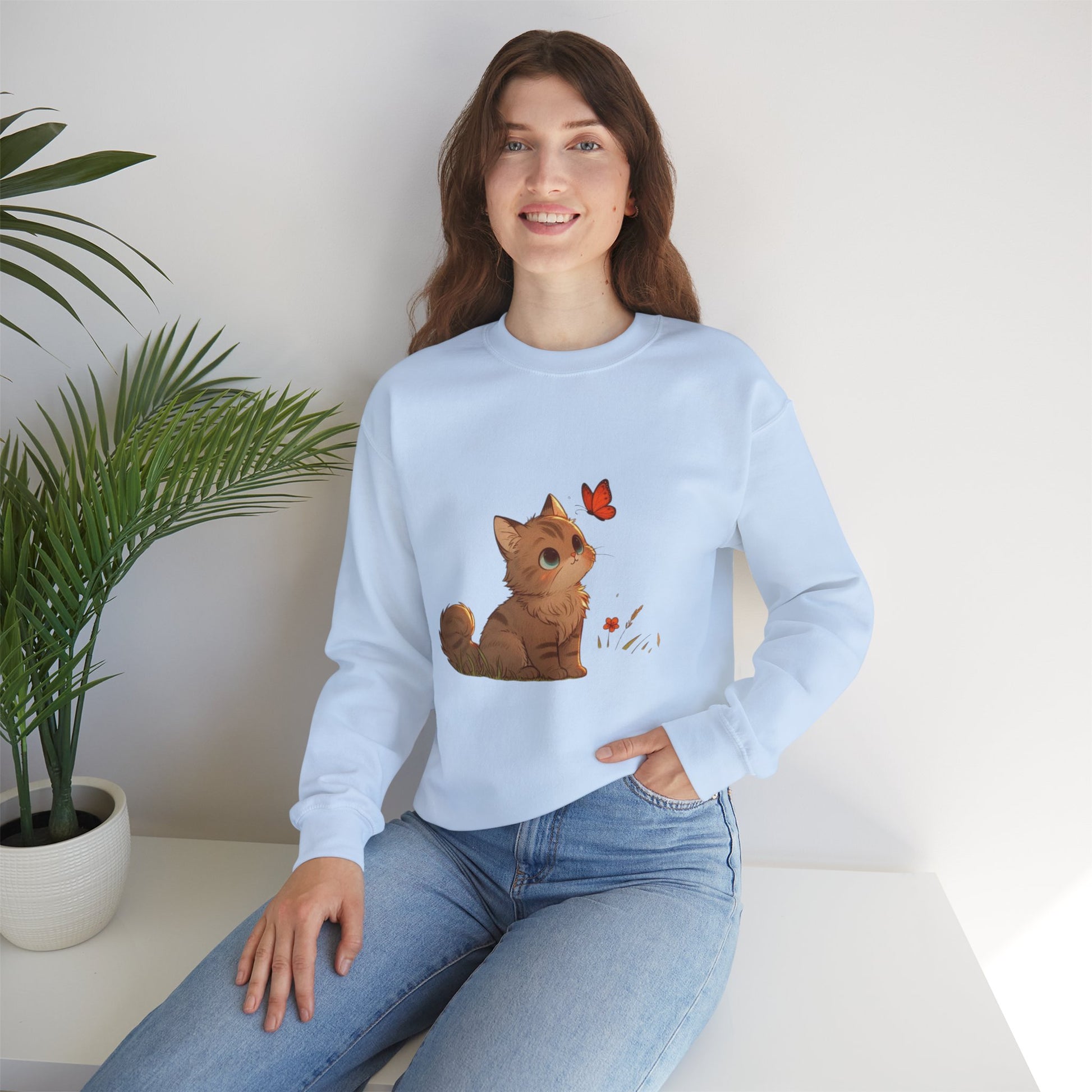 Cozy Cat & Butterfly Sweatshirt - Cute Unisex Crewneck Perfect for Cat Lovers, Gifts for Pet Owners, Fall Fashion, Casual Wear