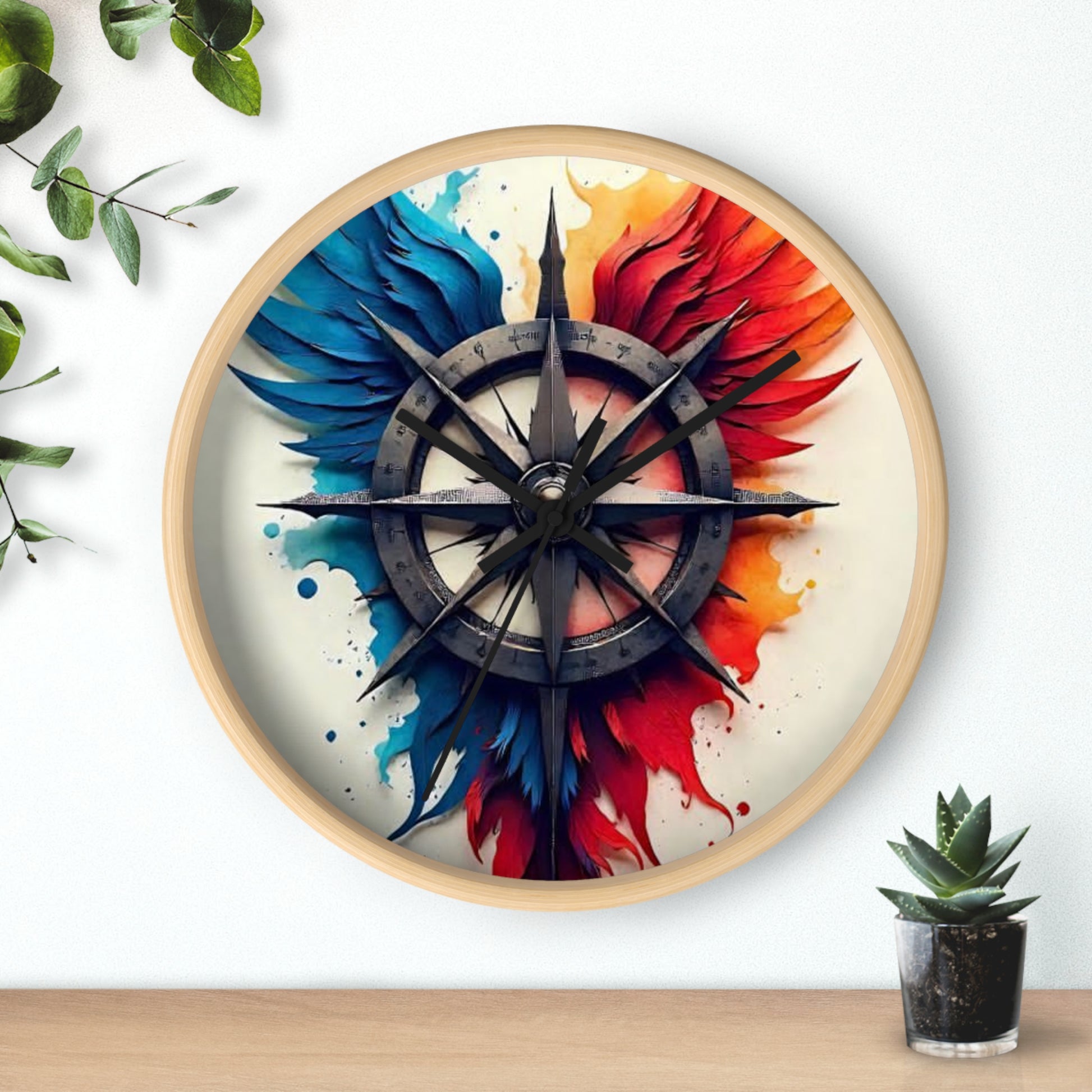 Vibrant Artistic Wall Clock with Compass Design, Home Decor, Unique Gift, Modern Clock, Colorful Wall Art, Timeless Decor
