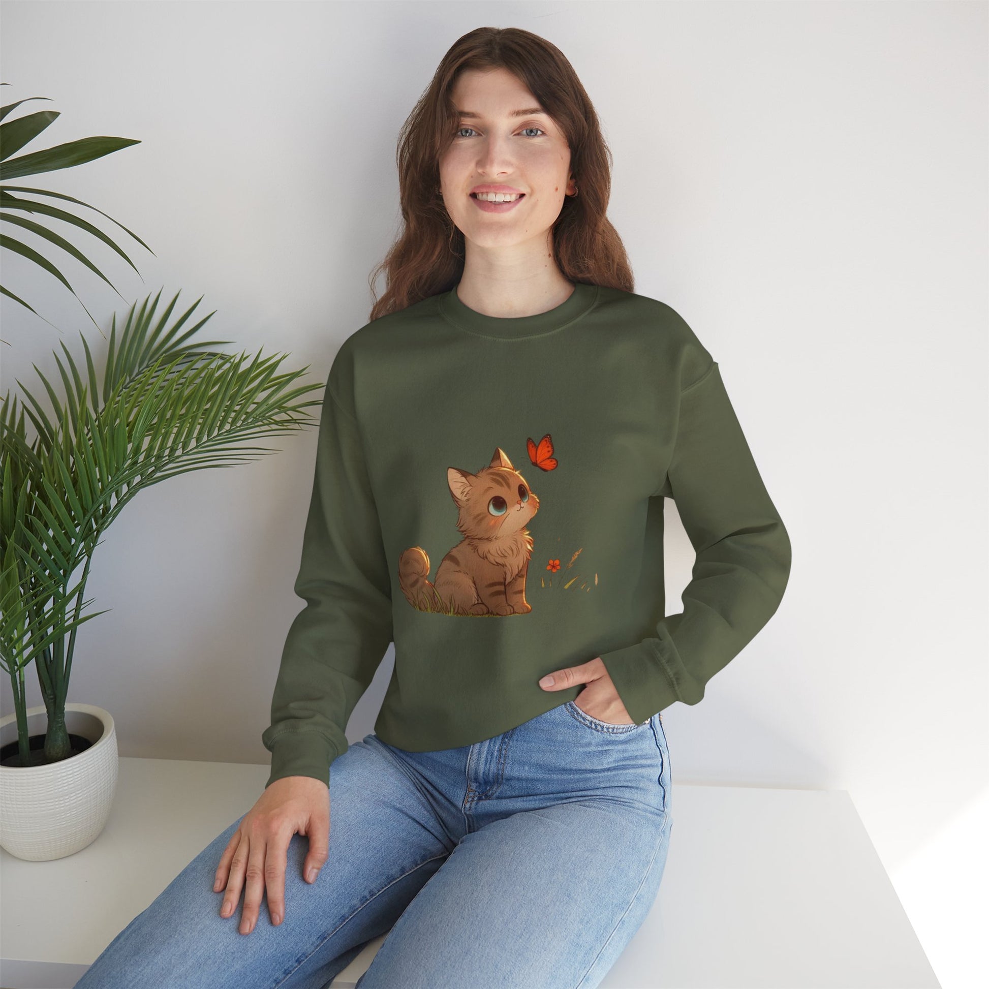 Cozy Cat & Butterfly Sweatshirt - Cute Unisex Crewneck Perfect for Cat Lovers, Gifts for Pet Owners, Fall Fashion, Casual Wear